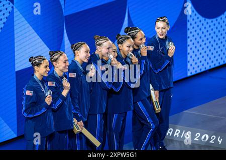 Parigi, Francia. 7 agosto 2024. Giochi olimpici, routine acrobatica nel nuoto artistico al Centre Aquatique Saint-Denis. Crediti: ABEL F. ROS/Alamy Live News Foto Stock