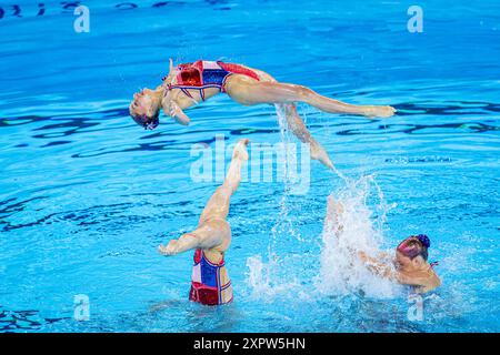 Parigi, Francia. 7 agosto 2024. Giochi olimpici, routine acrobatica nel nuoto artistico al Centre Aquatique Saint-Denis. Squadra francese. Crediti: ABEL F. ROS/Alamy Live News Foto Stock