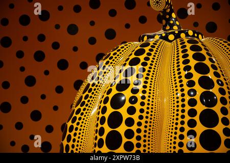 WASHINGTON D.C., Stati Uniti — dettaglio della stanza della zucca, dell'artista Yayoi Kusama, parte di The One with Eternity: Yayoi Kusama nella mostra della collezione Hirshhorn presso l'Hirshhorn Museum sul National Mall di Washington DC. questa mostra presenta le iconiche sculture di zucca di Kusama e le coinvolgenti Infinity Mirror Rooms, che mettono in evidenza il suo contributo all'arte contemporanea. Foto Stock