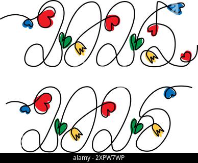 2025 2026 disegnato a mano un'iscrizione a linea continua con cuori decorativi e fiori. Set di 2 isolati su bianco. Illustrazione vettoriale. Cartoline, poster, banner, cartellino prezzi, etichette o Web, concetto di promozione Illustrazione Vettoriale