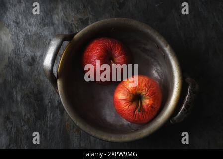 Due mele in decomposizione in una pentola di metallo usata su una superficie di ardesia grigia, con una forte luce laterale. Foto Stock