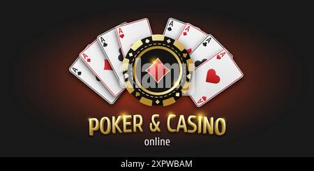 Poker o casinò concettuali. Gettone da gioco con diamanti completi. Chip realistico da giocare e carte ACE da giocare di tutti i seme. Banner per l'applicazione Web o il sito Web. VEC Illustrazione Vettoriale