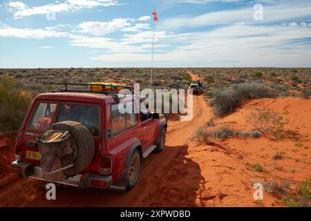 4wds attraversamento di dune sul tracciato della linea francese; Munga-Thirri–Simpson Desert National Park, Simpson Desert, Outback South Australia, Australia Foto Stock