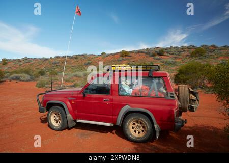 Traversata in fuoristrada 4x4 sulle dune della French Line Track; Munga-Thirri-Simpson Desert National Park, Simpson Desert, Outback South Australia, Australia Foto Stock