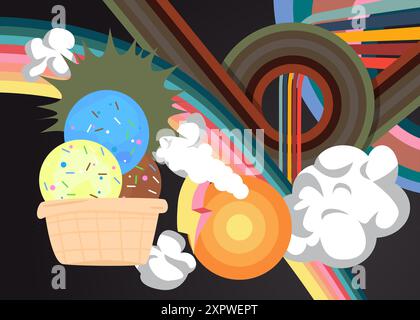 Sfondo anni '70 con gelato. Growy Summer Food. modello artistico anni '1970. Poster dal design vintage minimalista. Grafica a colori vecchio stile. Illustrazione Vettoriale