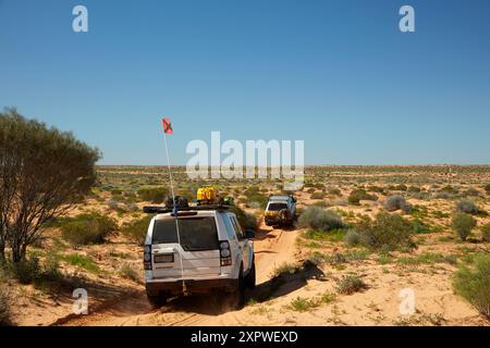 4wds che attraversa le dune sulla French Line Track, Munga-Thirri-Simpson Desert National Park, Simpson Desert, Outback South Australia, Australia Foto Stock