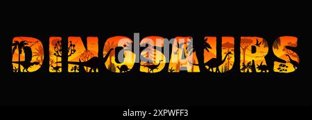 Sagome tramonti nella giungla dei dinosauri. Dinosauri vettoriali pieni di specie di dinosauri su uno sfondo della giungla al crepuscolo con alberi, pterosauri volanti e pterosauri Illustrazione Vettoriale