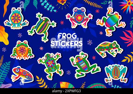 Set vettoriale di adesivi per rane messicani della scuola di cartoni animati. Macchie colorate di animali con fiori decorativi, elementi di foglie, motivi floreali e colori brillanti Illustrazione Vettoriale