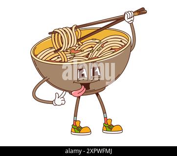 Cartoon retro groove udon Noodles personaggio con bacchette, fumetto vettoriale cibo giapponese. Gustosi noodles udon con faccia funky e simpatica tenaglia Illustrazione Vettoriale