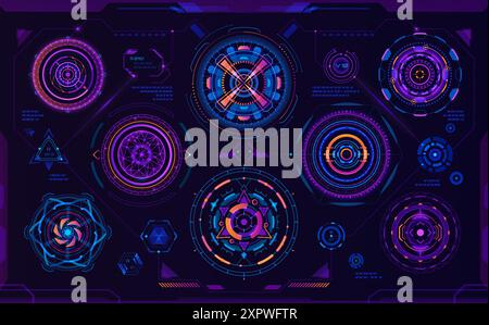 Futuristici elementi circolari HUD sci fi, interfaccia digitale. Ologramma ad alta tecnologia con hud al neon. Puntamento ottico militare vettoriale, innovazione avanzata Illustrazione Vettoriale