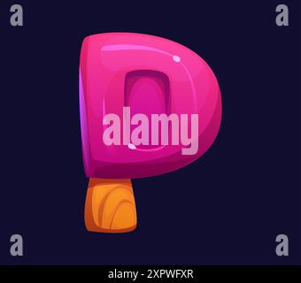 La lettera P del cartone animato ha la forma di un popsicle rosa su un bastoncino di legno. Alfabeto caramelle e dolciumi, carattere, tipo di carattere. Tipogra vettoriale isolato Illustrazione Vettoriale