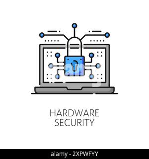 Icona della linea di sicurezza hardware a colori, sicurezza informatica vettoriale, dati digitali e tecnologie di rete. Delineare il simbolo isolato del computer portatile con un simbolo di sicurezza A. Illustrazione Vettoriale