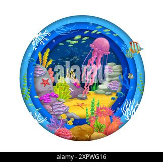 Carta tagliata nel paesaggio sottomarino con pesci tropicali e animali sottomarini in una cornice d'acqua vettoriale. Cartoon marino o oceanico paesaggi sottomarini in papa' Illustrazione Vettoriale