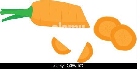 Set vettoriale luminoso di metà colorate, fette e carote intere con gambi verdi. Verdure fresche isolate su sfondo bianco. Illustrazione Vettoriale