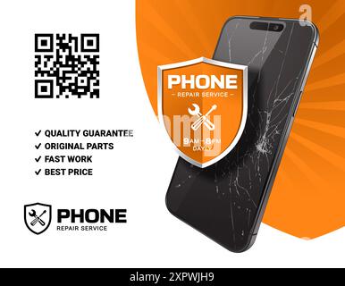 Modello banner pubblicitario per servizi di riparazione telefonica. Smartphone e logo realistici rotti con l'icona di riparazione ed esempio di testo. Design pulito e preciso. Grafica vettoriale. Illustrazione Vettoriale