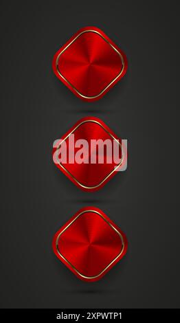 Tre dei modelli di pulsanti rettangolari astratti rossi con struttura metallica (cromo, acciaio, argento, rame), 3 pulsanti metrali realistici su sfondo scuro Illustrazione Vettoriale