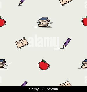 Motivo perfetto con icone scolastiche di libri di testo, notebook e mele. Illustrazione relativa all'autunno, alla scuola, all'apprendimento Illustrazione Vettoriale