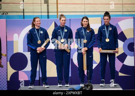 Jennifer Valente, Lily Williams, Chloe Dygert e Kristen Faulkner di United States Gold Medal, Cycling Track, Women&#39;S Team Pursuit durante i Giochi Olimpici di Parigi 2024 il 7 agosto 2024 al Velodrome National di Saint-Quentin-en-Yvelines, Francia Foto Stock