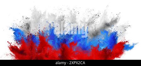 bandiera della russia con esplosione in polvere di vernice holi di colore rosso blu e bianco isolata su sfondo bianco. simbolo russo viaggio e concetto di turismo. Foto Stock