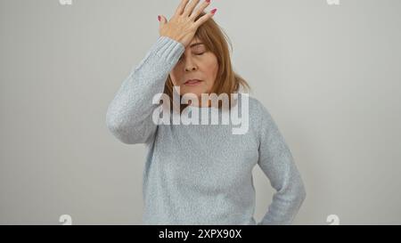 Donna matura che esprime mal di testa su uno sfondo bianco, ritraendo lo stress o problemi di salute. Foto Stock