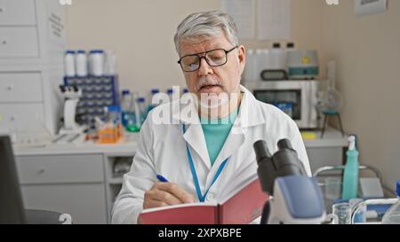 Scienziato uomo anziano con capelli grigi che lavora nelle note di scrittura di laboratorio vicino al microscopio Foto Stock