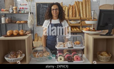 Donna in piedi in una panetteria con vari tipi di pasticcini e pane esposti mentre indossa occhiali e un grembiule, a mostrare l'atmosfera intima e accogliente Foto Stock