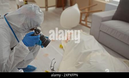 Un uomo con una tuta hazmat fotografa le prove di un'indagine dettagliata sulla scena del crimine al chiuso. Foto Stock