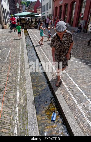 Bächle Boote a Friburgo in Brisgovia, Nähe Münsterplatz, Schwarzwald, Baden-Wüttemberg, Deutschland Foto Stock