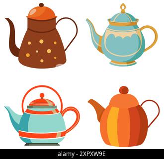 Set di teiere tradizionali trafilate a mano. Illustrazione vettoriale in stile cartoni animati. Illustrazione Vettoriale