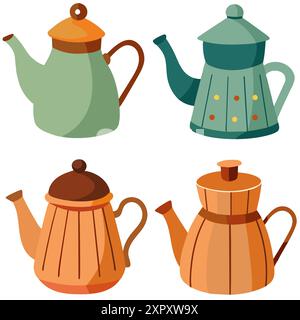 Set di teiere tradizionali trafilate a mano. Illustrazione vettoriale in stile cartoni animati. Illustrazione Vettoriale