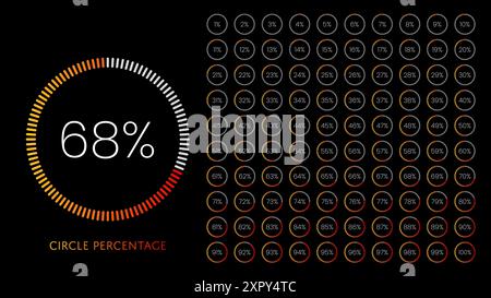 Illustrazione vettoriale diagramma percentuale cerchio impostata da 1 a 100 con colore arancione scuro colorato su sfondo nero. Barra di avanzamento gradiente, caricamento in Illustrazione Vettoriale
