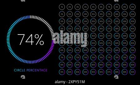 Illustrazione vettoriale del diagramma percentuale cerchio impostata da 1 a 100 con colori da viola a blu su sfondo nero. Barra di avanzamento gradiente, caricamento Illustrazione Vettoriale