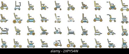 Le icone delle sedie a rotelle elettriche definiscono il vettore del contorno. Cura degli adulti. Aiutare ospedale linea sottile colore piatto su bianco Illustrazione Vettoriale