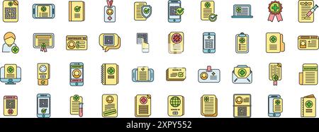 Le icone del passaporto sanitario impostano il vettore di contorno. Vaccino covid. Test medico corona linea sottile colore piatto su bianco Illustrazione Vettoriale