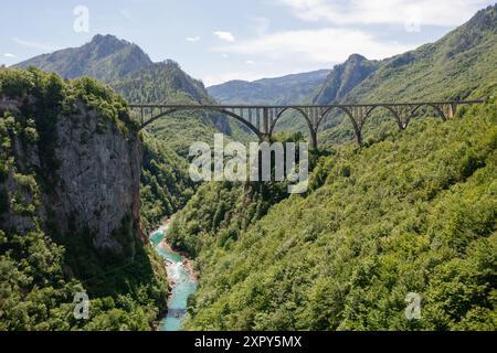 Vista aerea sul ponte ad arco di Djurdjevica sul fiume Tara nel Montenegro settentrionale, Foto Stock