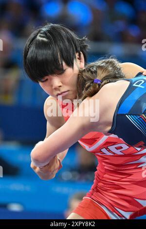 Parigi, Francia. 7 agosto 2024, FUJIMANI Akari, Giappone (JPN) vs PARRISH (USA), WFS 53kg semifinale Wrestling alla Champ-de-Mars Arena, durante i Giochi Olimpici di Parigi 2024, 07 agosto 2024, Parigi, Francia. Crediti: Enrico Calderoni/AFLO SPORT/Alamy Live News Foto Stock