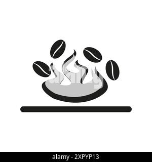 Icona della tazza di caffè a vapore. Chicchi di caffè che galleggiano. Vettore bianco e nero. Illustrazione Vettoriale