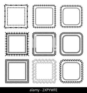 Cornici quadrate decorative. Vari stili di bordo. Bianco e nero. Illustrazione vettoriale. Illustrazione Vettoriale