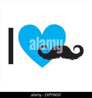 Biglietto di auguri per il giorno del padre con cuore blu e baffi neri su sfondo bianco Illustrazione Vettoriale