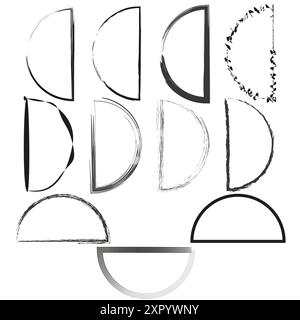 Forme a semicerchio. Disegni astratti a semicerchio. Tratti geometrici del pennello. Elementi vettoriali. Illustrazione Vettoriale