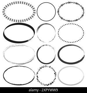 Cornici ovali decorative. Bianco e nero. Vari stili. Elementi vettoriali. Illustrazione Vettoriale