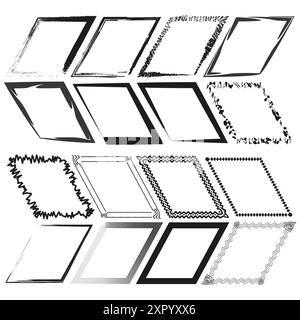 Set di telai disegnati a mano. Vettore dei bordi rettangolari. Design in bianco e nero. Vari stili di cornice. Illustrazione Vettoriale