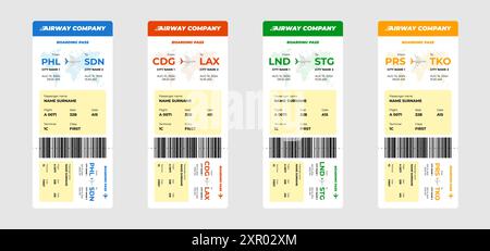 Set di modelli di progettazione verticale per biglietti aerei e carte d'imbarco per aerei. Nome del passeggero della compagnia di trasporto aereo di affari e informazioni sul volo. Buono per viaggi in aereo con prenotazione di diversi colori. EPS Illustrazione Vettoriale