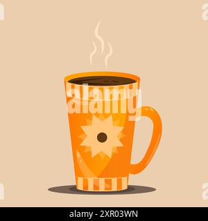 Drink autunnale per cartolina, cartolina, banner tematico, poster. Bevanda calda autunnale in tazza arancione con luci e ombre. Illustrazione Vettoriale