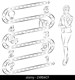 Una donna utilizza 5 passaggi per identificare un problema o un'opportunità nel processo decisionale. Concetto di business. Schizzo. Illustrazione vettoriale. Illustrazione Vettoriale