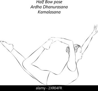 Schizzo di una giovane donna che pratica la posa yoga di Ardha Dhanurasana o Kamalasana. Mezza prua in posa. Difficoltà intermedia. Illustrazione vettoriale isolata. Illustrazione Vettoriale