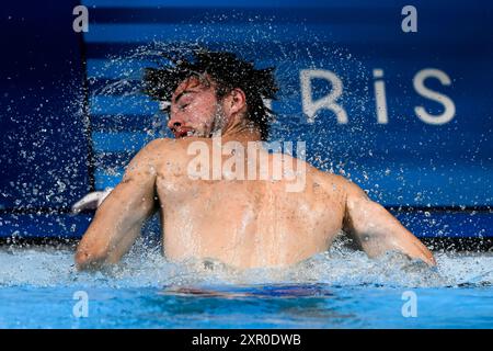 Parigi, Francia. 8 agosto 2024. Jules Bouyer di Francia gareggia nella 3m Springboard Men Final durante i Giochi Olimpici di Parigi 2024 al Aquatics Centre di Parigi (Francia), l'8 agosto 2024. Crediti: Insidefoto di andrea staccioli/Alamy Live News Foto Stock