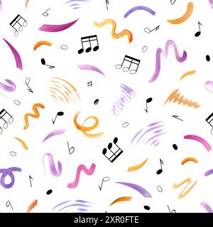 Note musicali nere e doodle multicolore. Motivo senza cuciture in stile musicale. Tratti di pennello arancione e viola. Forme ingenue. Illustrazione acquerello Foto Stock