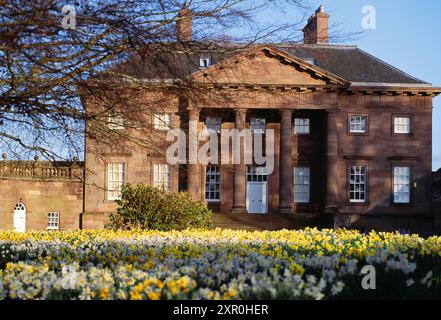 Paxton House con narcisi in primavera, Palladian Country House, Berwickshire, Scottish Borders, Scozia, marzo 1997 Foto Stock