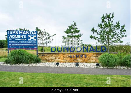 Insegna dell'ISPS Handa Women's Scottish Open all'ingresso del campo da golf Dundonald Links, South Ayrshire, Scozia, Regno Unito, Europa Foto Stock